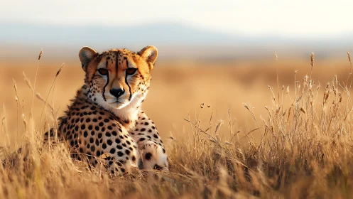 Cheetah resting in golden savanna grassland at sunrise.