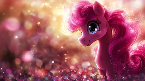 Glowing pink pony in dreamy bokeh fantasy meadowscape.