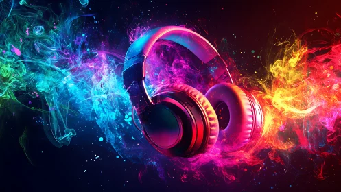 Headphones glow in swirling neon color clouds of vivid sound