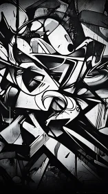 Monochrome angular graffiti composition occupies vertical wall