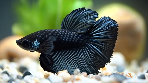 Photorealistic black betta fish with sculptural flowing fins.