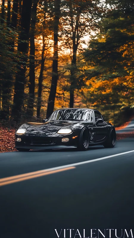 Black sports car on forest road amid rich autumn foliage.