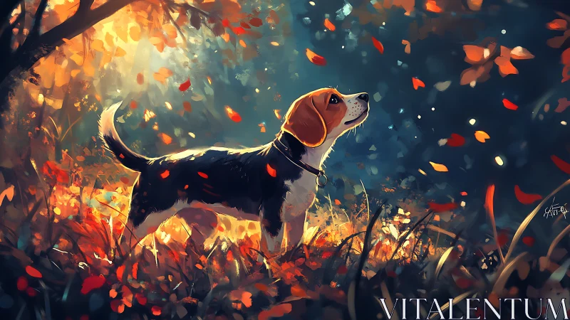 Beagle standing in autumn forest under falling leaves.