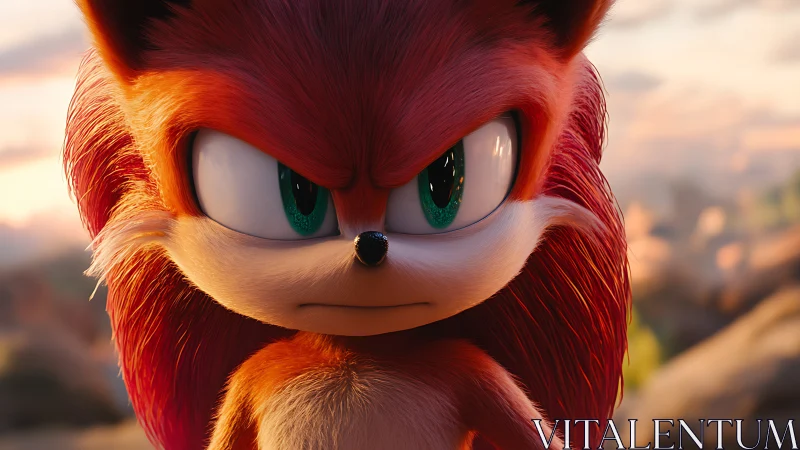 Fierce emerald gaze sharpens a fiery cartoon guardian