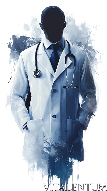 Abstract medical portrait renders faceless doctor in cool tones