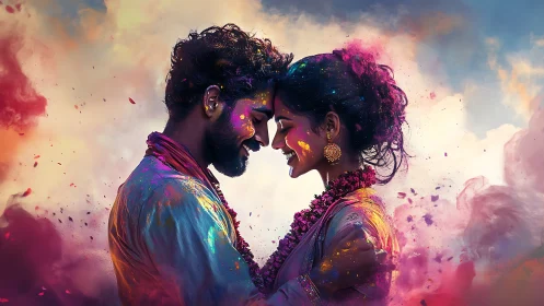Couple in colored powder and ornamental dress against clouded sky