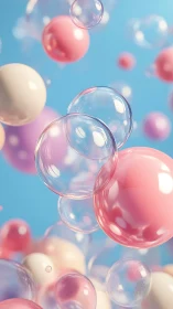 Pastel glossy bubbles floating in bright blue space.