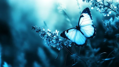 High-contrast cyan butterfly rendered on defocused floral bokeh field