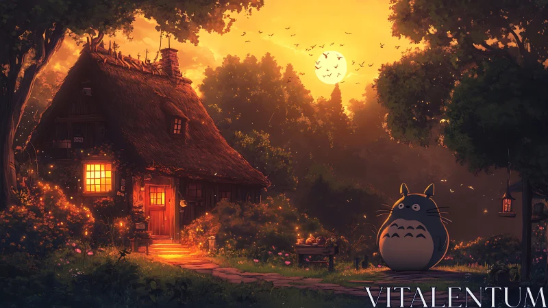 Forest cottage at sunset with glowing windows and mascot.