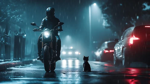Midnight rider pauses for a tiny rain-soaked street companion.