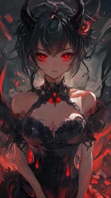 Dark horned demon girl radiates fiery, otherworldly power