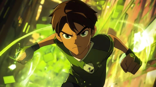 Young male runner in green energy field mid stride.