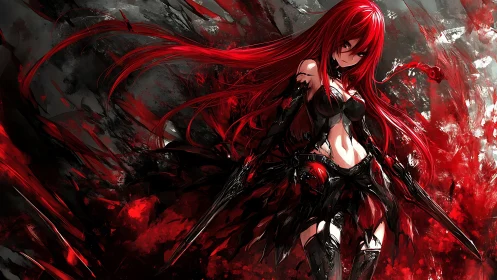 Scarlet-haired anime warrior emerges from chaotic crimson vortex