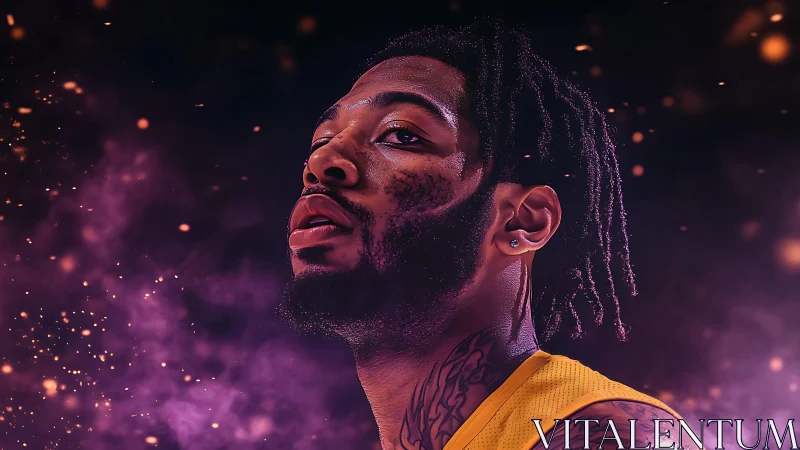 Portrait of basketball player amid neon particle haze glows