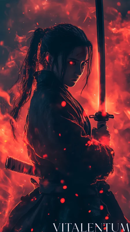Flaming-eyed samurai warrior framed in infernal glow.