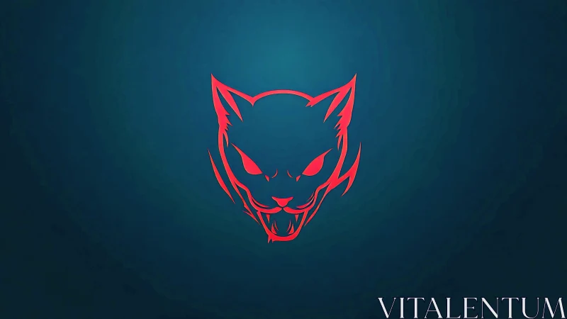 Red neon feline emblem on deep teal radial gradient background.