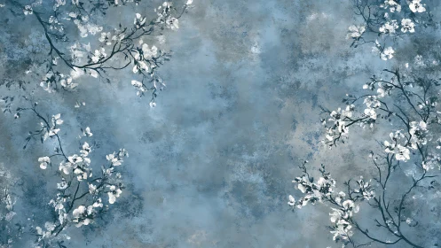 Blue tonal floral background with painterly blossom branches