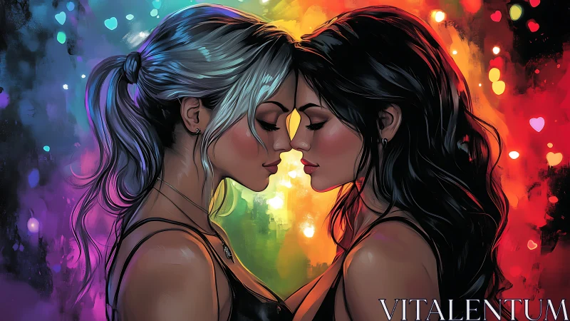 Two Figures in Intimate Profile, Luminescent Hearts and Neon Aura.