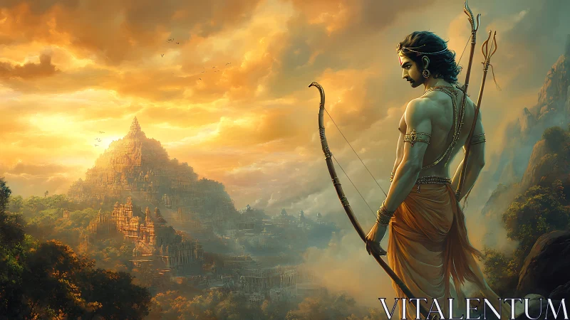 Sunlit archer prince gazes toward mist-wrapped sacred citadel.