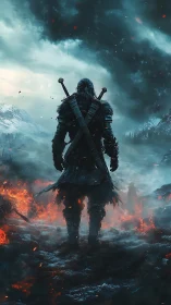 Armored warrior walks through burning snowfield under storm