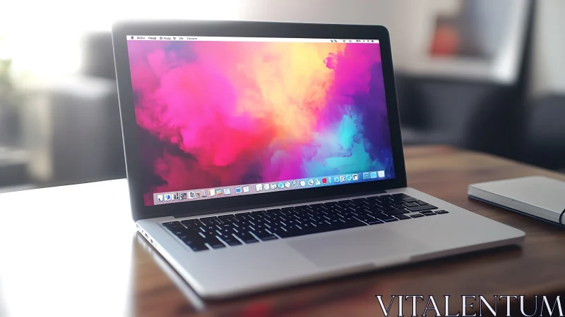 Laptop computer on desk displays colorful gradient screen