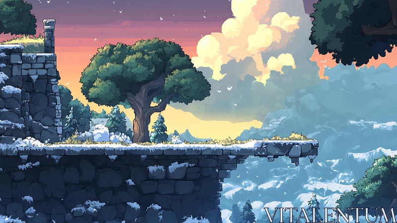 Snowy stone platform with lone tree at sunset sky.