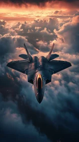 Stealth fighter jet slicing through stormlit sunset clouds.