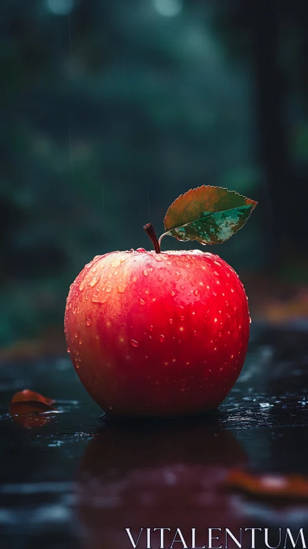 Red apple with raindrops on dark reflective outdoor surface.