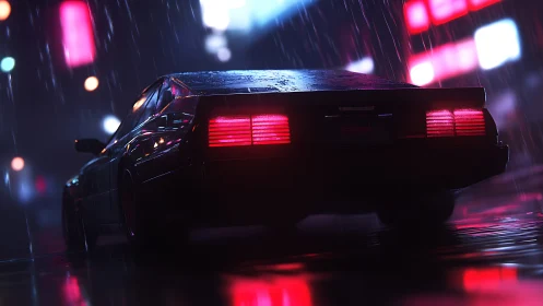 Neon-lit rain-soaked sports coupe rear view in cyberpunk alley