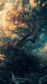 Celestial storm tree twisting through luminous clouds.