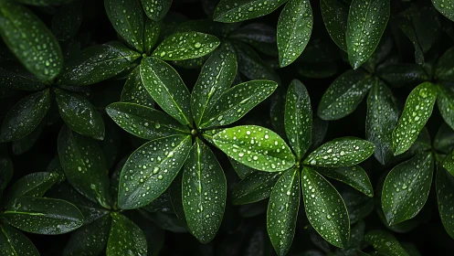 Rain-kissed green leaves form dense glossy foliage pattern