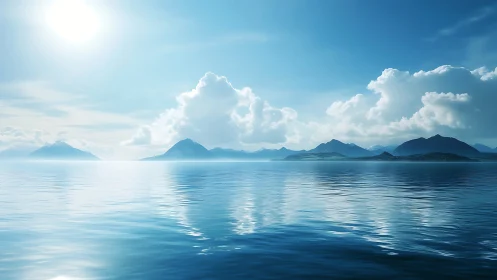 Radiant maritime horizon with volumetric clouds and islands.