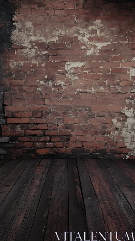Weathered brick wall with dark wooden plank floor.