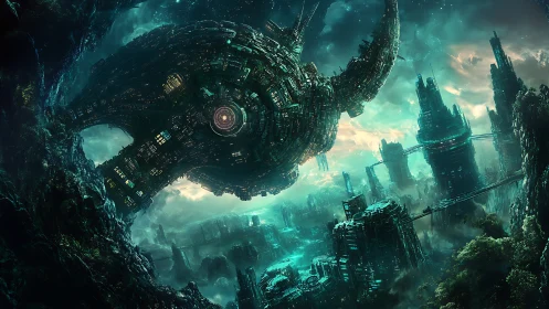 Orbital megastructure above bioluminescent cyber-metropolis.