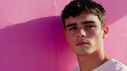 Soft sunlight on a thoughtful face against vivid pink wall.