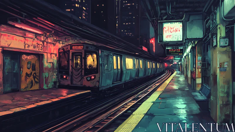 Neon subway train glides through a moody rain-washed station