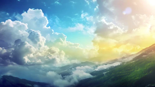 Cloud kingdoms lean toward a sunrise-washed emerald ridge