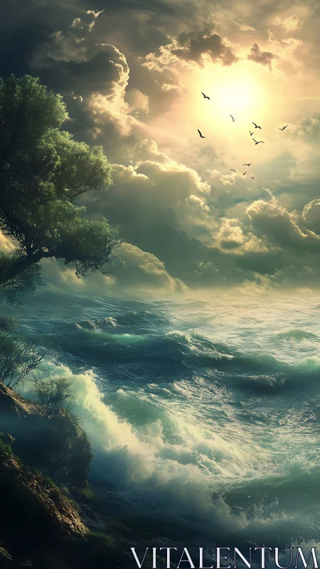 Digital seascape renders turbulent waves under dense clouded sun