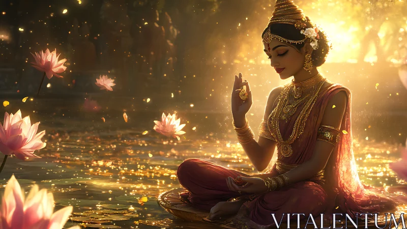 Golden-lit goddess in lotus pond meditative serenity scene.