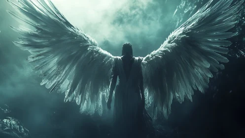 Backlit angelic figure with expansive wings in cinematic fog