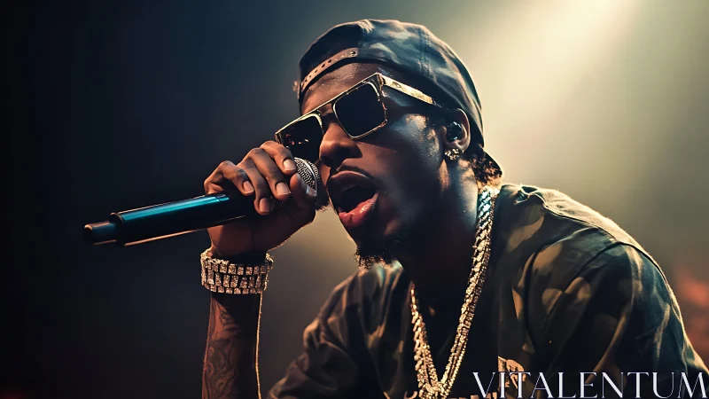 Rapper performs on stage holding microphone under concert lights