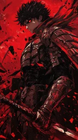 Bloodlit armored swordsman under fragmented crimson sky.