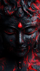 Charred obsidian goddess bust with glowing red sigil accents