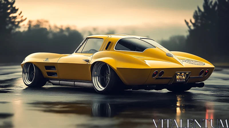 Golden classic muscle car glowing on a rainy runway at dusk.