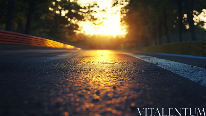 Low-angle photorealistic racetrack at golden hour glows softly
