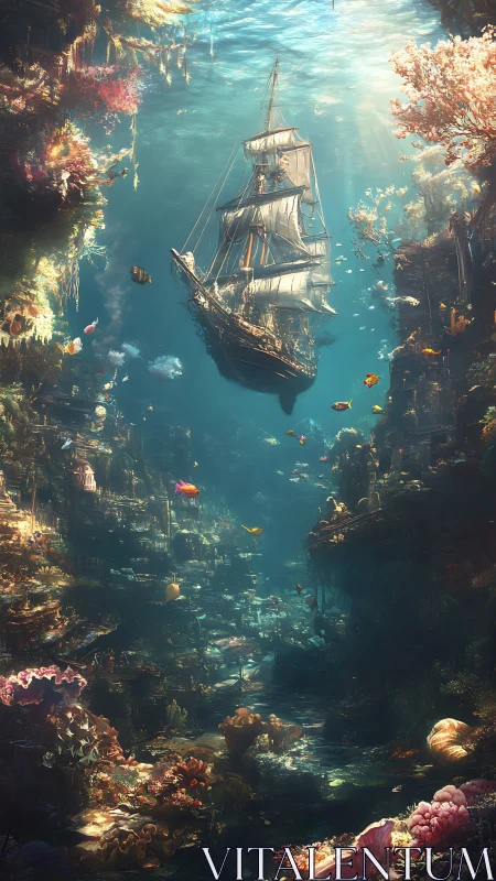 Sunken galleon suspended above luminous abyssal reef gorge