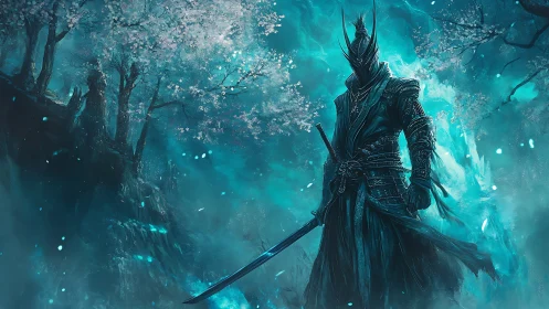 Moonlit Wraith Samurai beneath blossom-haunted fog skies.