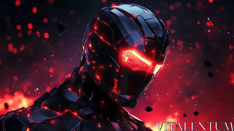 Armored cyber warrior glares through molten red neon haze