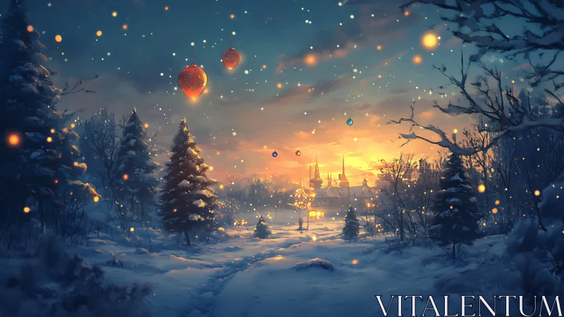 Luminous winter forest path with levitating ornaments at dusk.