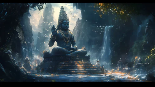 Colossal meditative deity amid volumetric waterfalls and ruins.